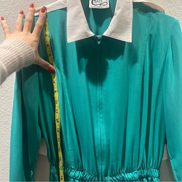 Cybil's collection Palm Beach size Small teal and white 80s long sleeve jumpsuit - Picture 8 of 16
